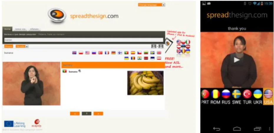 Figura 20 – Interfaces Web (esq.) e de Android (direita) do Spread the Sign 