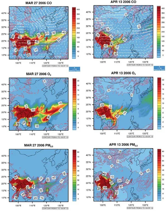 Fig. 6. Impact of biomass burning in Southeast Asia on 27 March and 13 April 2006. Color contour represents the concentrations for each species: the top panel shows CO (unit: ppbv) concentration, the middle panel shows O 3 concentrations (unit: ppbv) and t