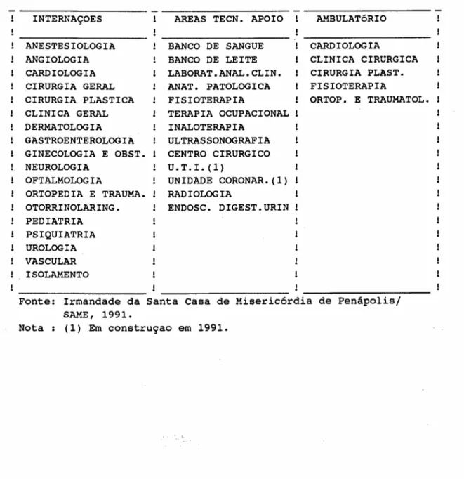 Tabela 9 - Serviços Prestados pela Santa Casa de Misericórdia de Penápolis, no ano de 1991 INTERNAÇOES ANESTESIOLOGIA ANGIOLOGIA CARDIOLOGIA CIRURGIA GERAL CIRURGIA PLASTICA CLINICA GERAL DERMATOLOGIA GASTROENTEROLOGIA GINECOLOGIA E OBSTo !
