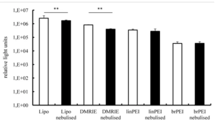 Fig 1. Transfection efficiency in human bronchial epithelia cells (16HBE) – luciferase activity