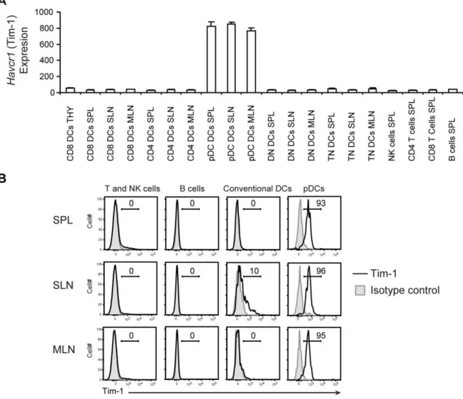 Figure 2. Expression of TIM-1 by pDCs from secondary lymphoid organs. (A) Bar graph showing the expression value of Havcr1 gene for CD8 DCs, CD4 DCs, DN DCs, TN DCs and pDCs from different lymphoid organs and naı¨ve NK cells, CD4 T cells, CD8 T cells and B