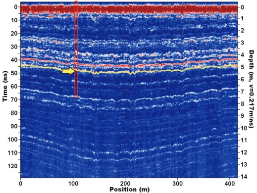 Fig. 8. Processed radargram from line C1 to C9 at site L3 (2009). The red box marks the approximate location of the firn core; the yellow arrow indicates the expected TWT to the dust layer.