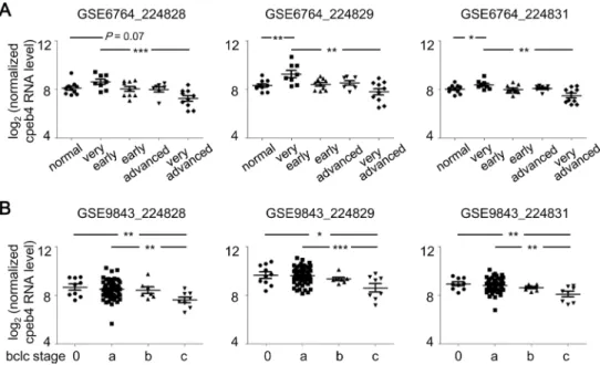 Fig 6. Bidirectional expression of CPEB4 mRNA associated with HCC stage. Two microarray datasets were downloaded from Gene Expression Omnibus