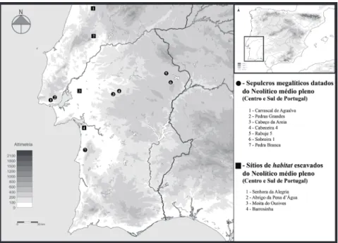 Figura 1. Sepulcros megalíticos datados do Neolítico médio pleno e habitats contemporâ- contemporâ-neos (Centro e Sul de Portugal)
