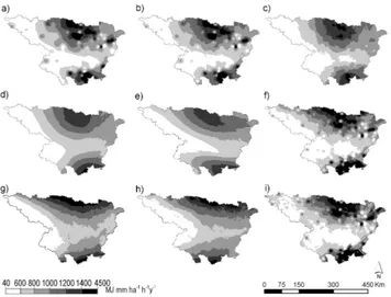 Fig. 4. Rainfall erosivity maps (average EI 30 index of the erosive events) for the Ebro Basin: (a) inverse distance weighting surface;