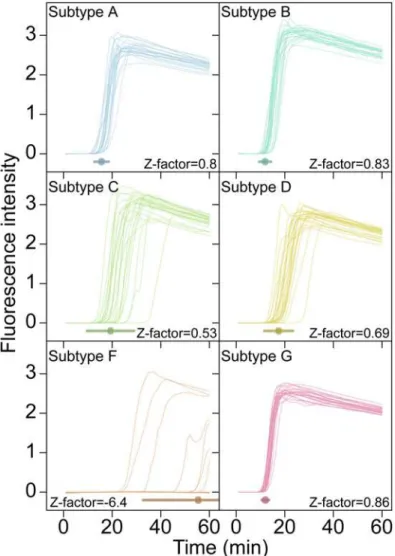 Fig 4. Examples of time course assays, displaying replicate tests of RT-LAMP primer set ACeIN-26 tested over six HIV subtypes, used in Z-factor calculations