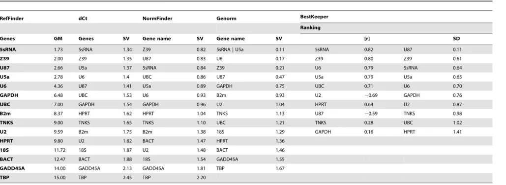 Table 8. A summary of ranking for reference gene candidates using 5 different statistical approaches.