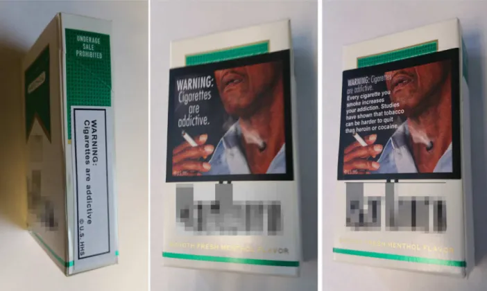 Fig 2. Placement of Experimental Warning Labels. Basic text warnings (left) were placed on the side of cigarettes packages