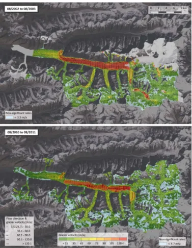 Figure 3. Flow direction and velocity of southern IG [m a −1 ] between 2002 and 2003 (above) and 2010 and 2011 (below).