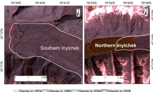 Figure 4. The Southern IG and Northern IG change between 1974 and 2007. The background Landsat TM image was acquired in 1990.