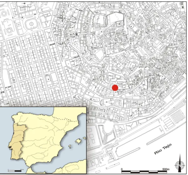 Fig. 1- Localização de Lisboa na Península Ibérica e do teatro romano na planta de Lisboa