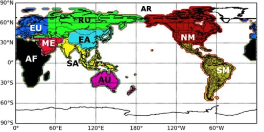 Figure 1. Region definitions. North America (NM), South and Central America (SM), Eu- Eu-rope (EU), Russia (RU), East Asia (EA), South Asia (SA), Australia (AU), Africa (AF), Middle East (ME), and Arctic (AR, everything north of the dashed line).