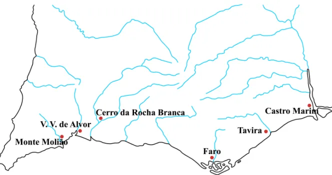 Figura 1 – Principais pontos de povoamento do Algarve durante a Idade do Ferro  (adaptado de Arruda, 2007b)