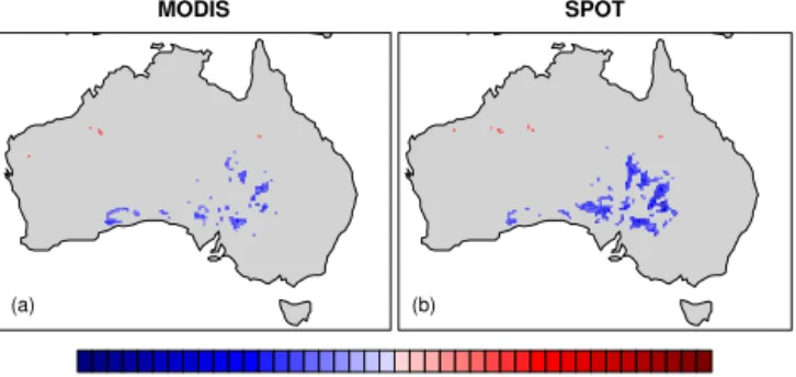 Figure 9. Zero-lag correlation between the differences in monthly mean soil moisture between CABLE and AMSR_E  (CA-BLE − AMSR_E): (a) CABLE and MODIS black-sky NIR albedo (CABLE - MODIS) and (b) CABLE and SPOT black-sky NIR albedo (CABLE-SPOT)