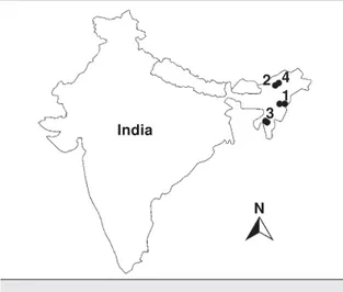 Fig. 1. Locations of surveyed villlages in Northeast India: 1. Angami; 2. Apatani; 3.