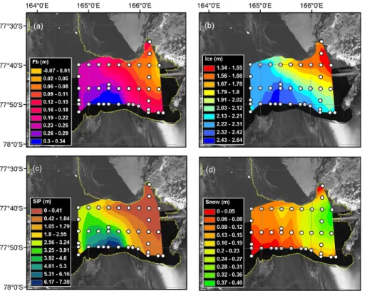 Fig. 3. Interpolated maps of drill-hole measurements of (a) freeboard (b) ice thickness, (c) sub-ice platelet layer thickness (SIP) and (d) snow thickness of first-year sea ice in McMurdo Sound in November and December 2011