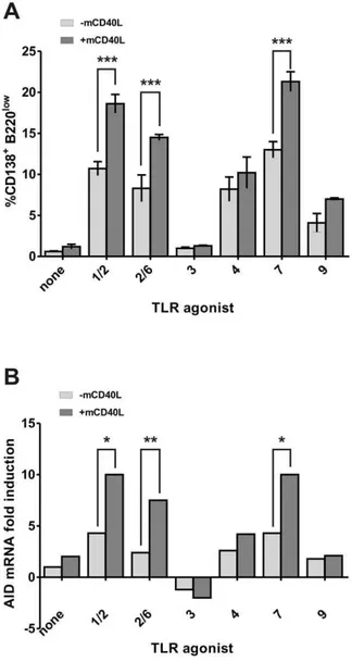 Figure 4. B220 expression and AID mRNA expression in CD138- CD138-enriched purified B cell population after activation by TLR agonists in association with mCD40L