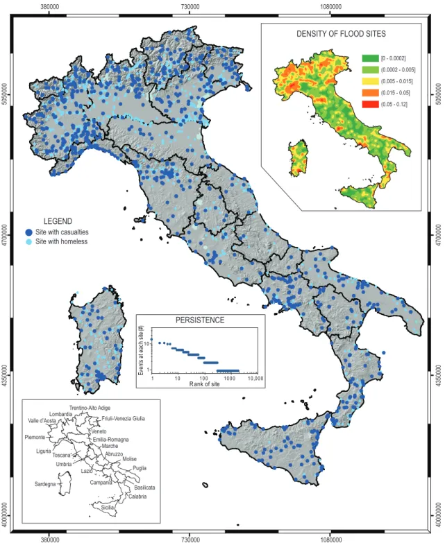 Fig. 3. Map showing the location of 1836 sites affected by flood events with direct consequences to the population of Italy, in the 1419-year period 590–2008