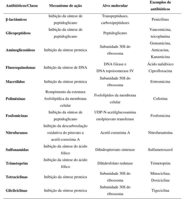 Tabela 1 - Representação de antibióticos, mecanismos de ação e  alvos  moleculares (Chopra et al., 2002; Murray et  al., 2007; Tenover, 2006) 