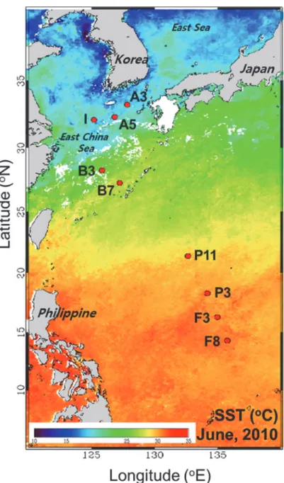 Figure 1. Map of sampling stations in the NW Pacific Ocean. The base map is a composite image of sea surface temperature from 1 to 5 June 2010, obtained from SeaWiFS.