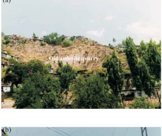 Fig. 2. (a) General view of the Timurlenk Hill and an old andesite quarry, (b) fallen blocks threatening a house, (c) rockfall on a road.