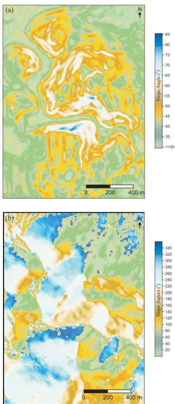 Fig. 3. (a) Slope map of the study area, (b) slope aspect map of the study area.