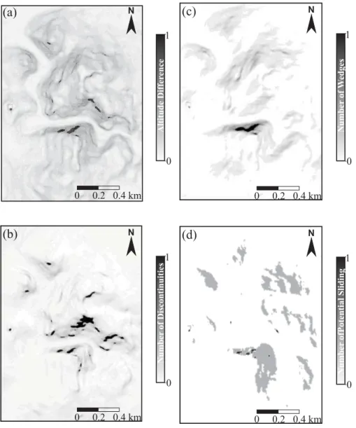 Fig. 6. Input parameter maps: (a) altitude difference, (b) average number of discontinuities (spacing), (c) average number of wedges, (d) average number of potential sliding.