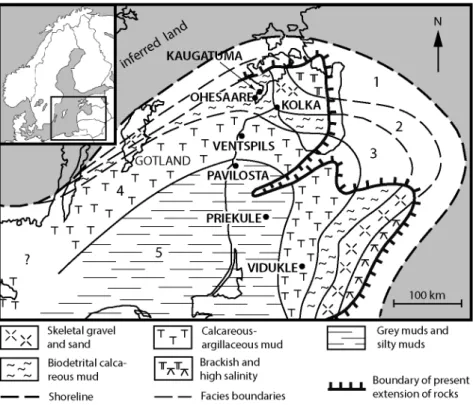 Fig. 1. Location of the discussed core sections on the background of the general facies zonation of the Baltic Gulf in early Ludlow time