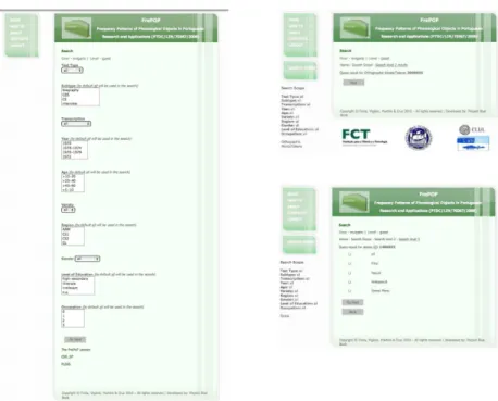 Fig. 2: Screen display of FrePOP menu: the search options related to the properties of the corpora (left panel); the results of the search for number of tokens (right panel, top)