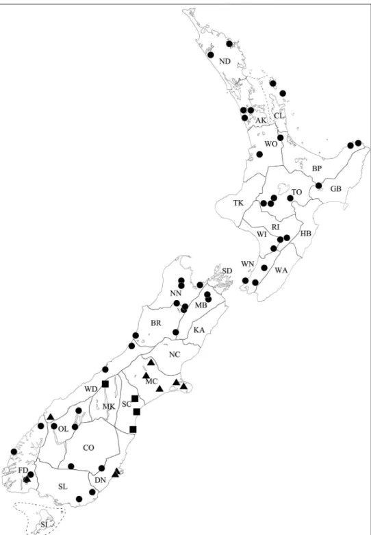 Figure 4. Known collection localities of Pseudoexeirarthra gen. n. P. spinifer (Broun): black circles; P