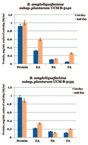 Fig. 1.The dynamics of the synthesis of peptidases by  strains of B. amyloliquefaciens subsp