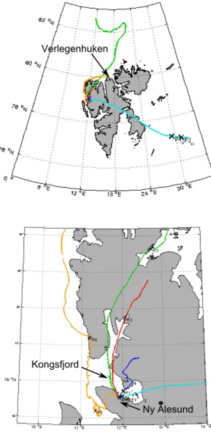 Figure 1. Trajectories of five CMET balloons launched from Ny-Ålesund in May 2011. Sound- Sound-ings used for comparison to WRF are labelled P1si, P2si (over sea-ice east of Svalbard for comparison to WRF model run 2), and P1, P2, P3, P4 (over Svalbard top