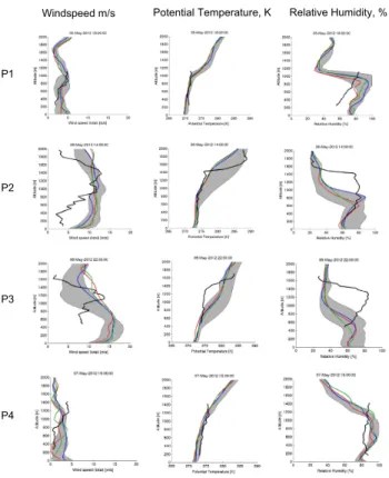 Figure 5. CMET wind-speed, potential temperature and relative humidity profiles P1–P4 made over Svalbard topography compared to WRF model