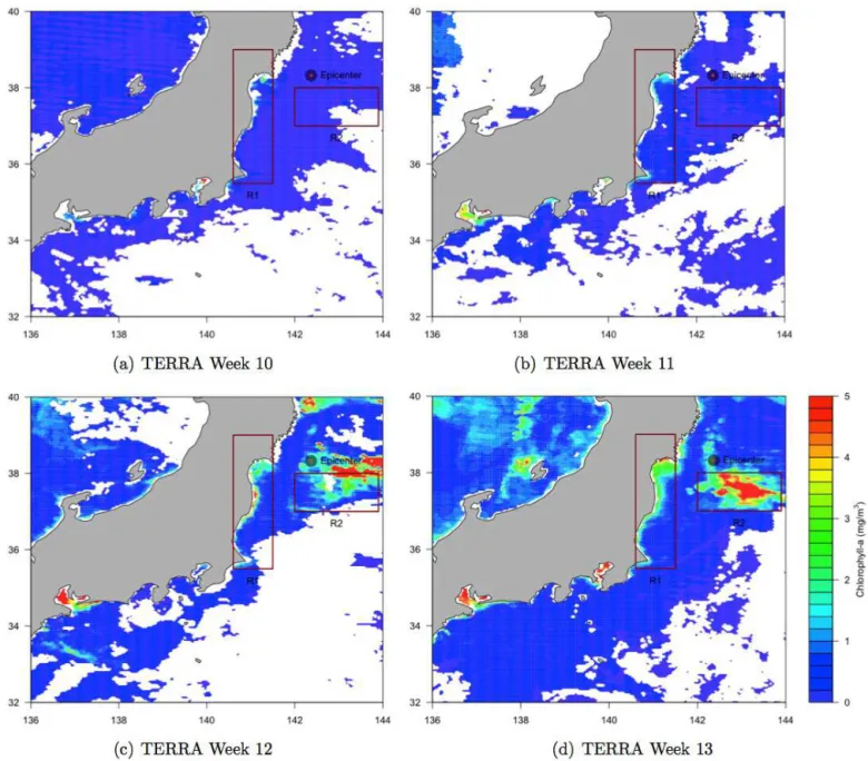 Figure 5. Chlorophyll concentrations for the 4 weeks after the tsunami using TERRA. The vertical axis indicates latitude degrees north, and the horizontal axis indicates longitude degrees east.