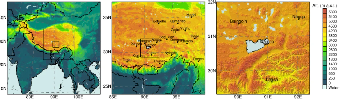 Fig. 1. WRF domains and model topography. Left: large domain (LD); the medium (MD) and small (SD) are indicated by black frames.