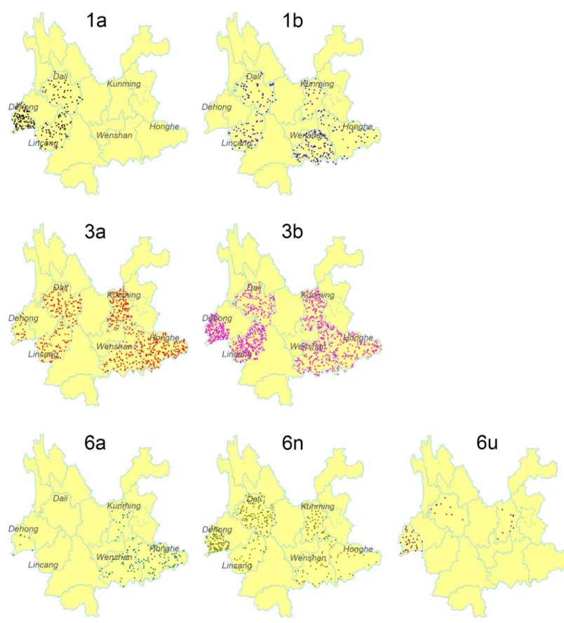 Fig 3. Geographic distribution of the HCV subtypes in Yunnan. Dot Density Map for 1a, 1b, 3a, 3b, 6a, 6n and 6u, respectively, which showed the constituent ratio of each subtype in each prefecture