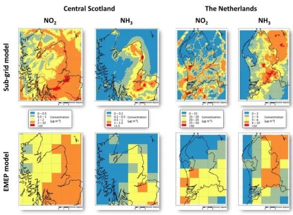Figure 3. Sub-grid model predictions (top row) of annual mean concentrations of NO 2 and NH 3 for the two domains