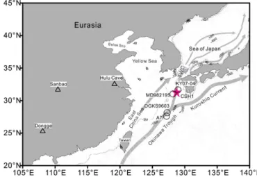 Figure 1. The pink star indicates core CSH1. The open circles means other cores mentioned in this study and the triangles denote the stalagmite caves in East China