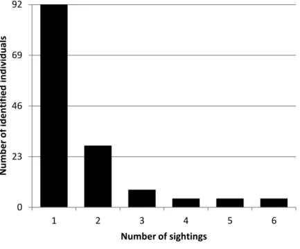 Figure 6. Sighting frequencies of bottlenose dolphins identified from 2002 to 2012 in São Tomé (n =  140)