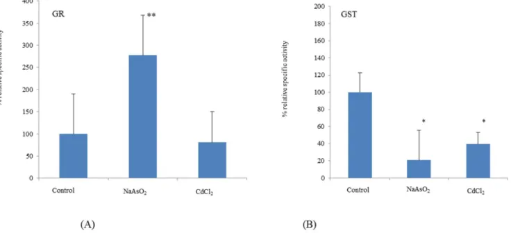 Figure 3. Relative specific activities for CAT (panel A) and SOD (panel B) in T. asahii extracts from yeast cultured in the presence of CdCl 2 and NaAsO 2 