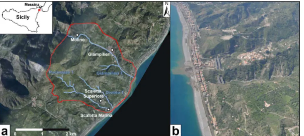 Figure 1. (a) The study area; (b) aerial view of Giampilieri area a few days after the 1 Octo- Octo-ber 2009 event.