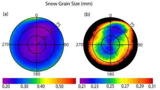 Fig. 9. Retrieved snow grain diameter from CAR BRF data for experiment 2001b. The right image shows the same data at reduced scale.