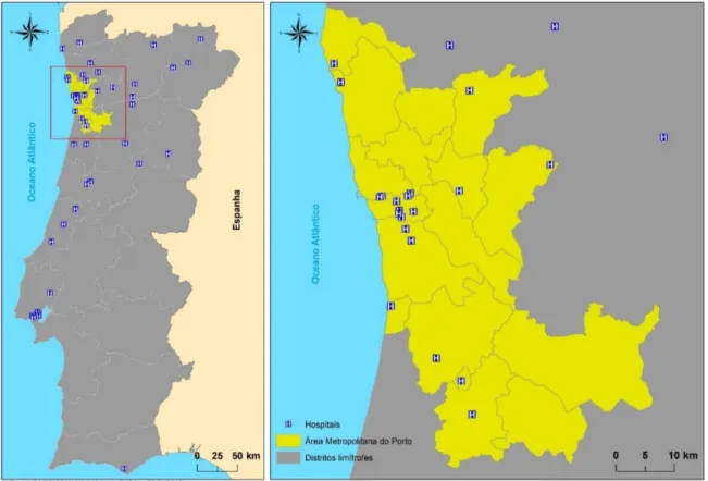 Figura 20 - Localização dos Hospitais onde surgiram internamentos de queimados no país e na AMP entre o período  de 2000 a 2013 