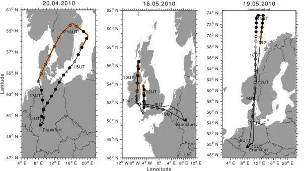 Fig. 1. Flight tracks of the CARIBIC flights on 20 April 2010 (left), 16 May 2010 (middle) and 19 May 2010 (right) with indicated flight times