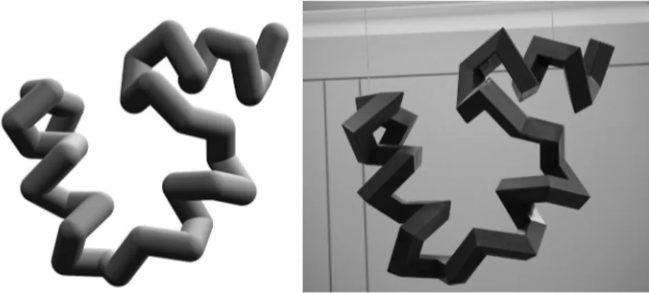 Figure 2. Each component of the sculpture represents a snapshot of a protein as it contorts from open chain (red) to native fold (gray).