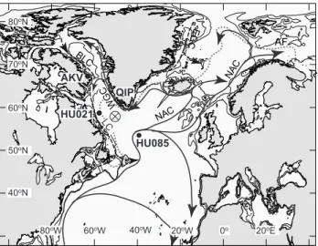 Fig. 1. Map of the northern North Atlantic showing the location of the study sites. The isolines correspond to the 200 m and 1000 m isobaths