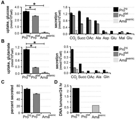 Figure 1. Carbon source utilization by different L. mexicana developmental stages. L. mexicana Pro log , Pro stat and Ama axenic were suspended in chemically defined medium (CDM) containing 13 C-U-glucose (A) or 13 C-glutamate (B) and the rate of utilizati