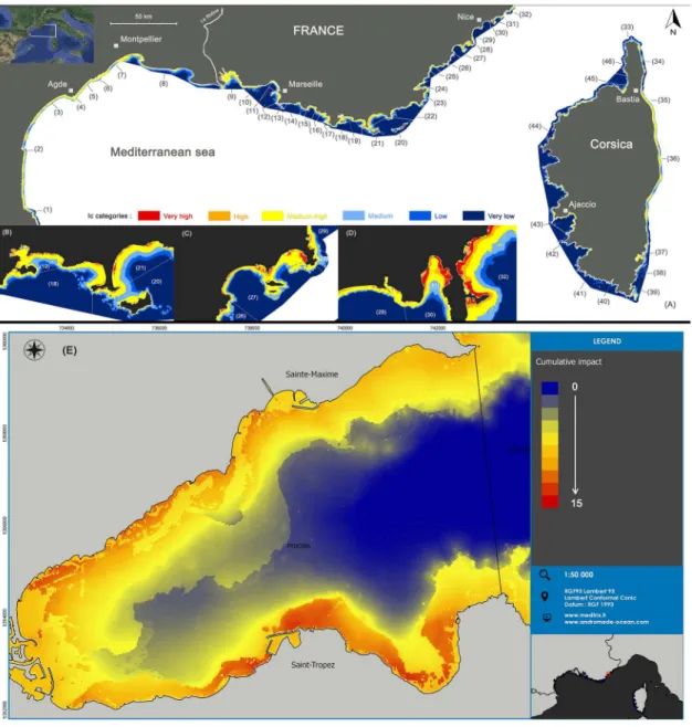 Fig 5. Spatial distribution of cumulative impact scores. (A) Spatial distribution of cumulative impact scores (I C ) and localization of coastal water bodies.