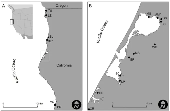 Figure 1. Map depicting locations of tidewater goby populations on the northern California coast