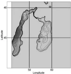 Fig. 4. Details of the reconstructed bathymetry at the extremes of the channel: (A) depth matrix at the western side and (B) contour levels (1=0.5 m) at the eastern side.